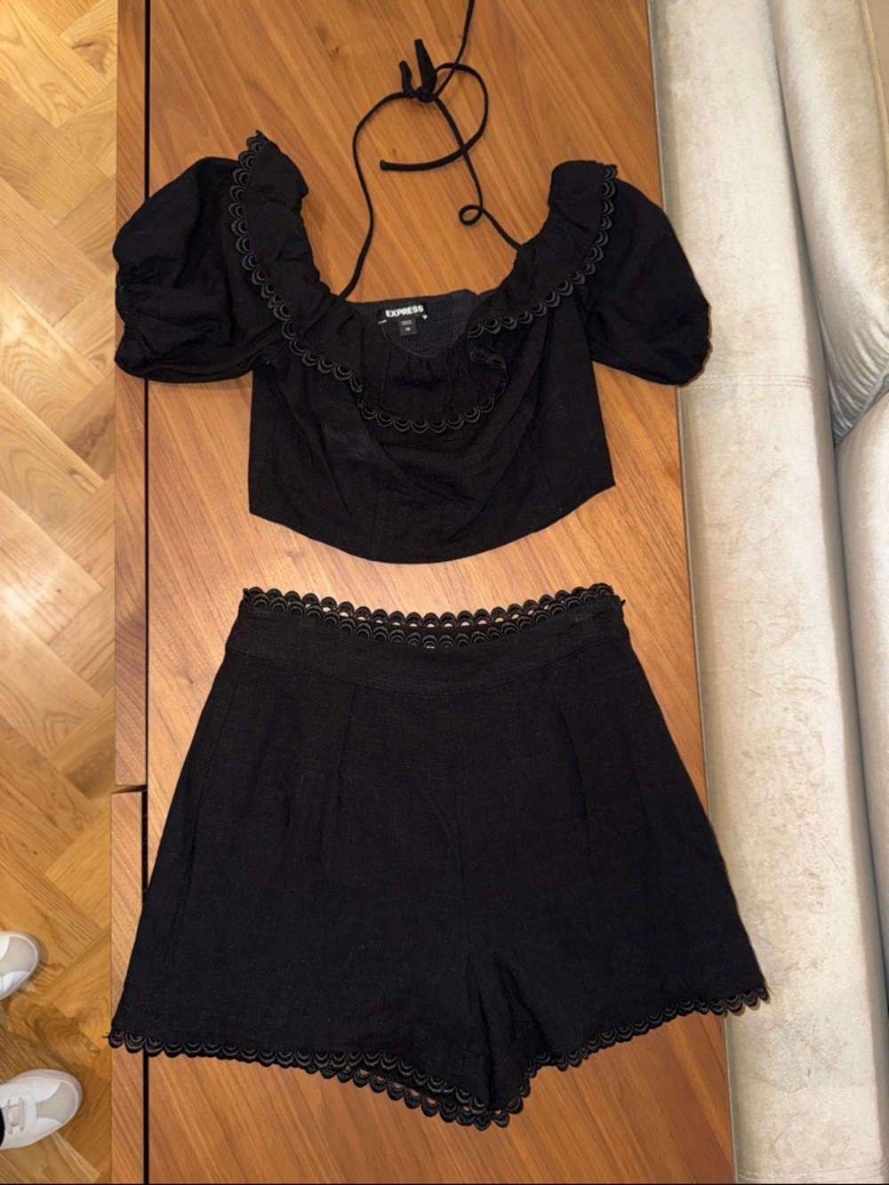 Express Black Scalloped Trim Two-Piece Crop Top & High-Waist Shorts